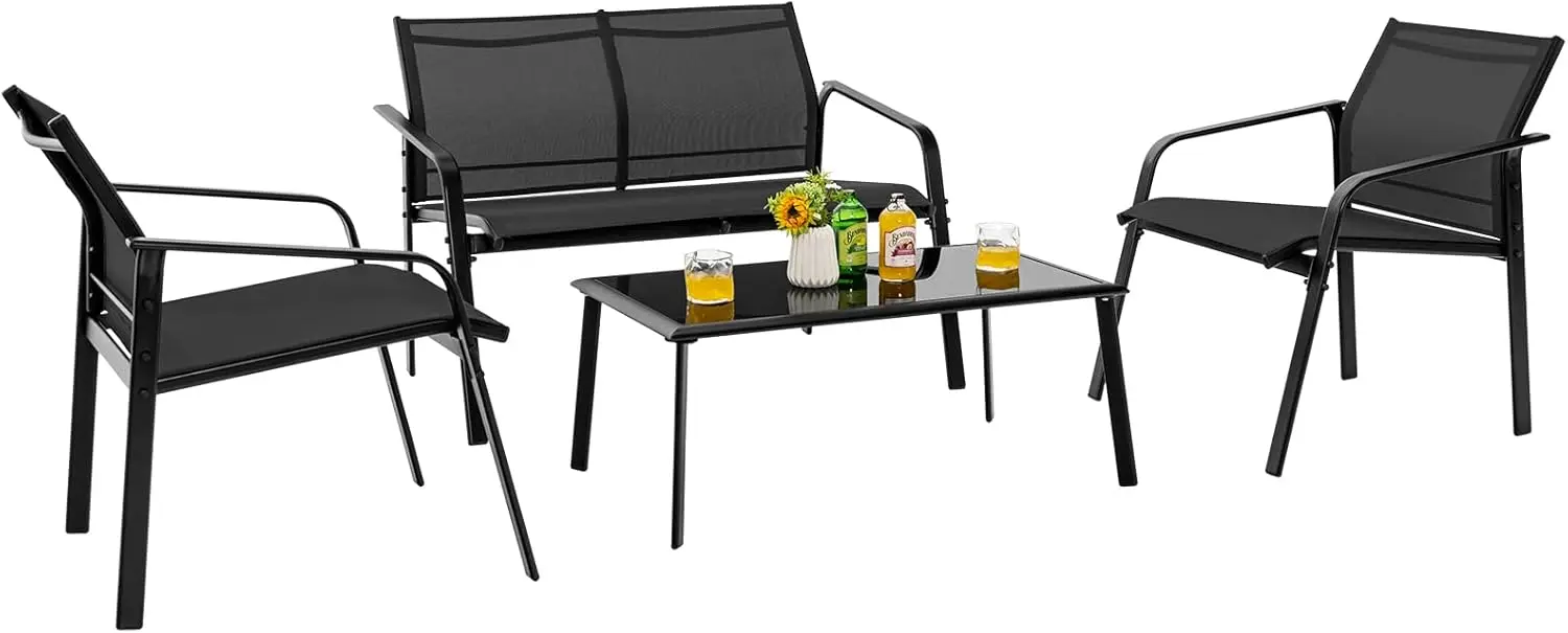 

4-Piece Outdoor Conversation Set, Breathable Fabric Chairs & Loveseat, Tempered Glass Coffee Table for Poolside Yard Garden