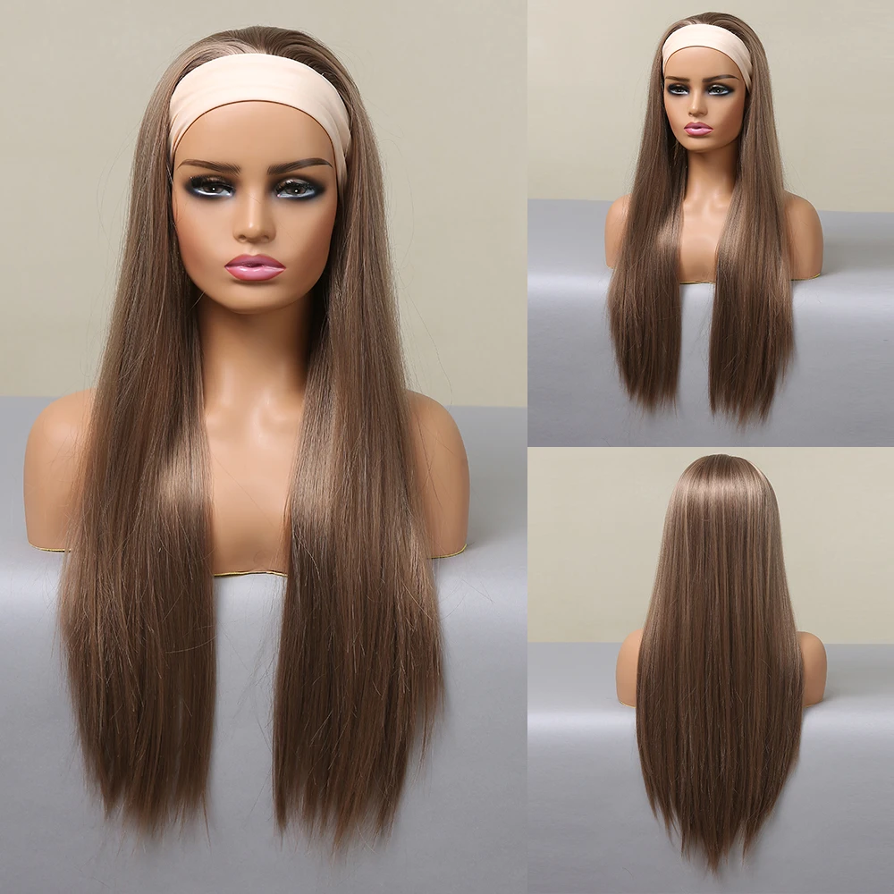 ALAN EATON Long Straight Brown Blonde Synthetic Headband Wigs for Black Women Golden Hair Wigs Daily Cosplay Use Heat Resistant