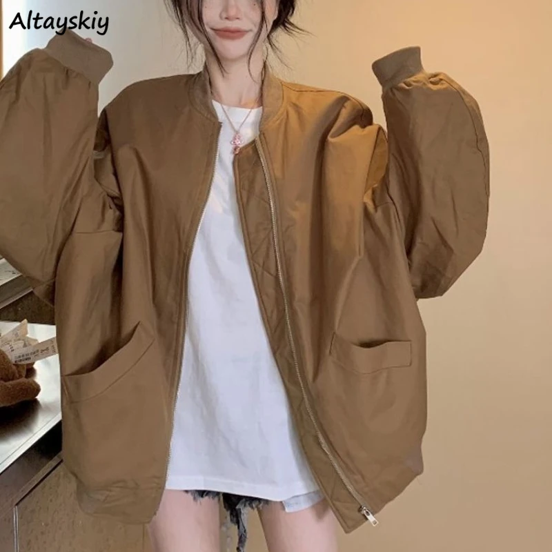 

Safari Style Baggy Jackets Women Pockets Designed Boyfriend Basic Autumn Young Simple Outerwear Harajuku Vintage All-match Daily