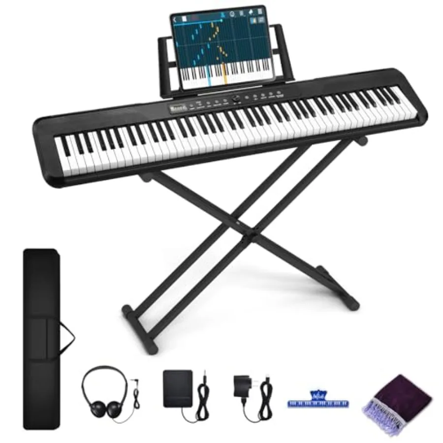 88 Key Piano Keyboard for Beginner Adults: Semi Weighted Keys, Black Finish, Includes Sustain Pedal, Power Supply, Stand, Carry