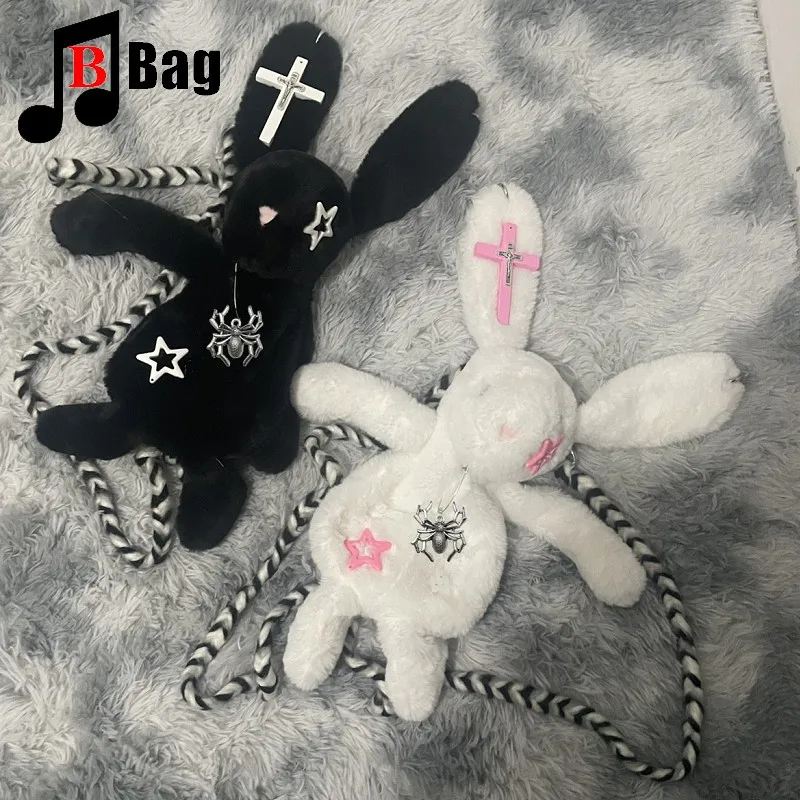 Harajuku Gothic Women Chain Crossbody Bags Soft Plush Ladies Purse Hanbag  Female Y2K Girl Punk shoulder bag tote Bunny Backpack