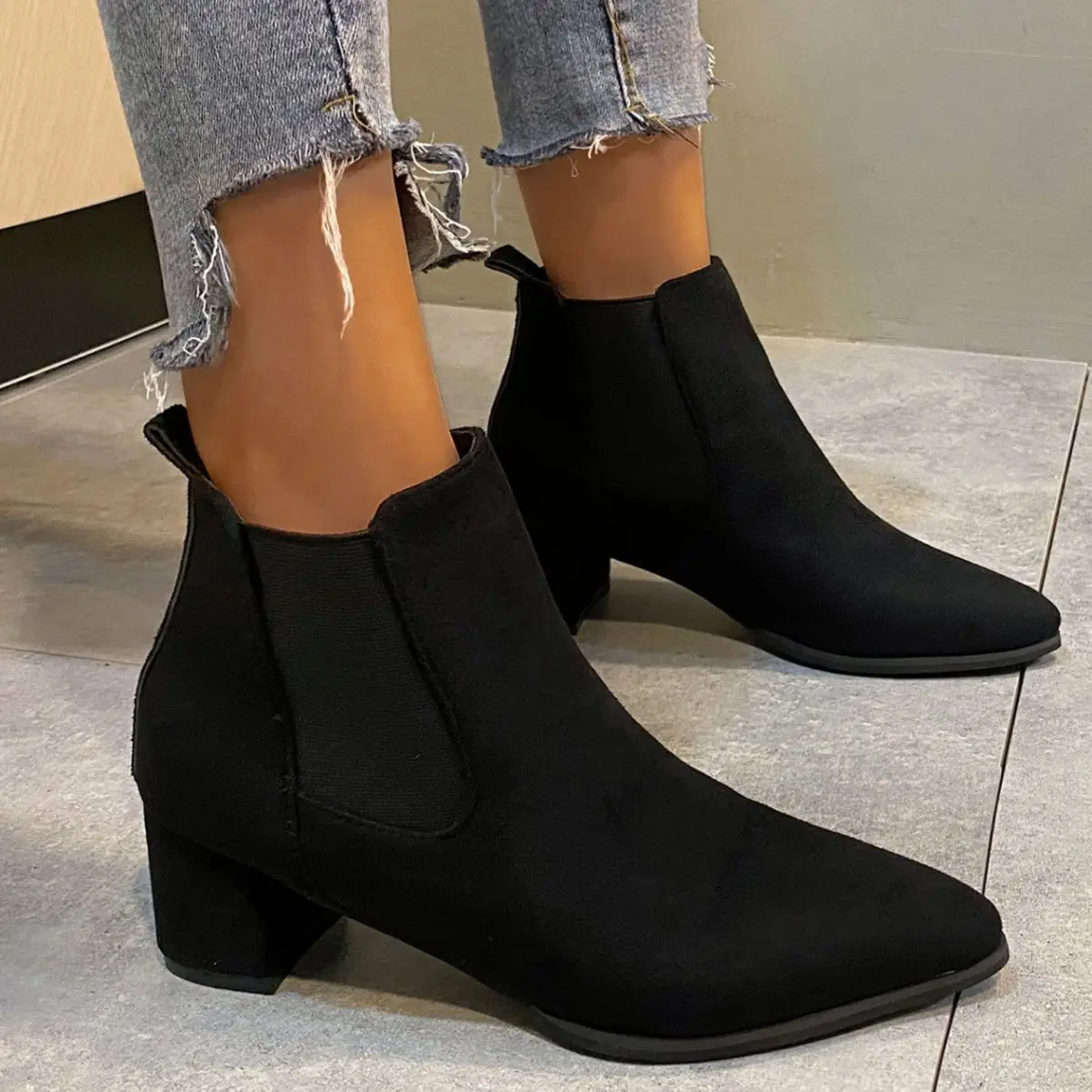 2023 Autumn Winter Women Boots Pointed Toe Slip on Female Ankle Booties Fashion Simple Low Heel Short Chelsea Boots Botas Mujer