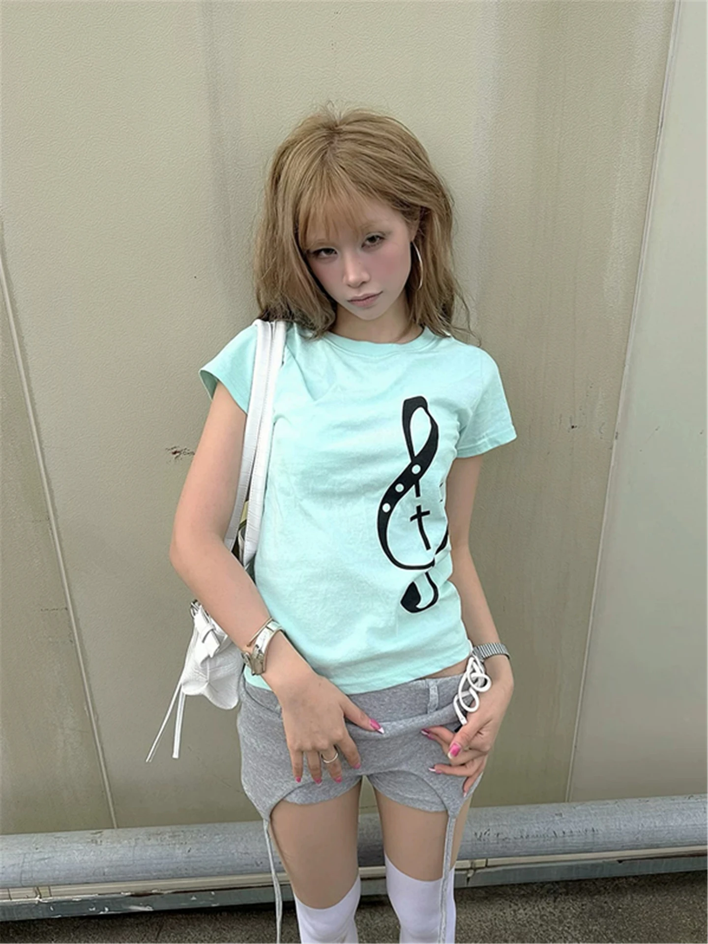 American Style Short Sleeve T-Shirt Women Summer Slim Fit Note Print Shoulder Width Regular Length round Neck Cotton Top