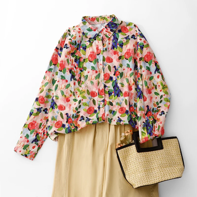 

Retro Rose Print Pure Cotton Women's Long Sve Loose Casual irt Ele Oversized Classic Sle Polyester Blend Blouse