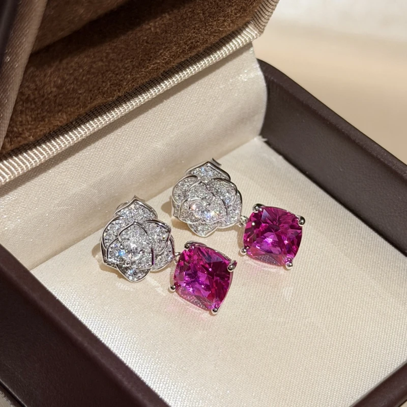 Bellux S925 sterling silver rose pink diamond earrings square light luxury sweet ruby gemstone flower earrings for women