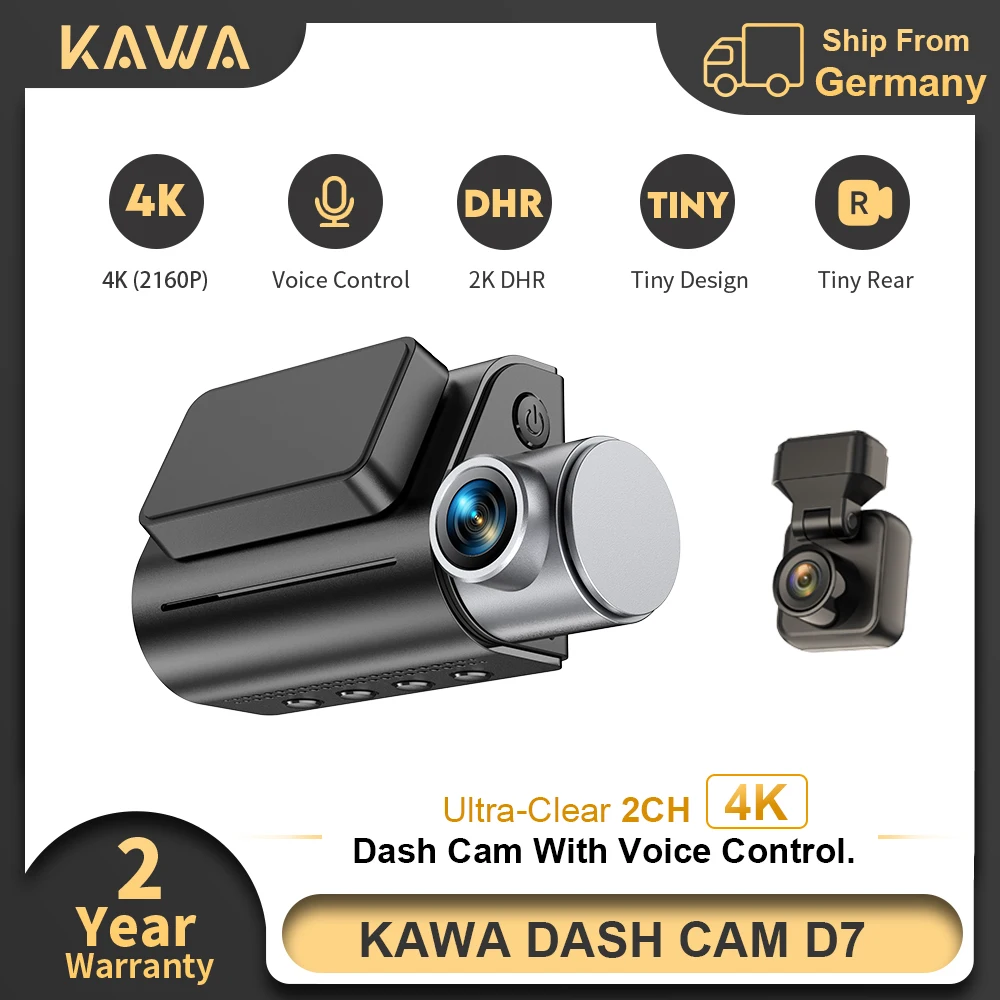Caméra embarquée KAWA D7 4K avec commande vocale, vision nocturne, surveillance de stationnement 24h/24, enregistrement en boucle, WiFi6, GPS intégré, capteur G, DVR de voiture 2K DHR