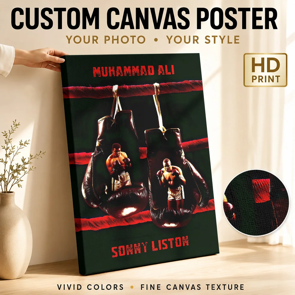 Ali Versus Liston Boxing Gloves Framed Canvas Print Poster Bold Style Wall Art With Personalized Photo For Study Ideal Fan Gift