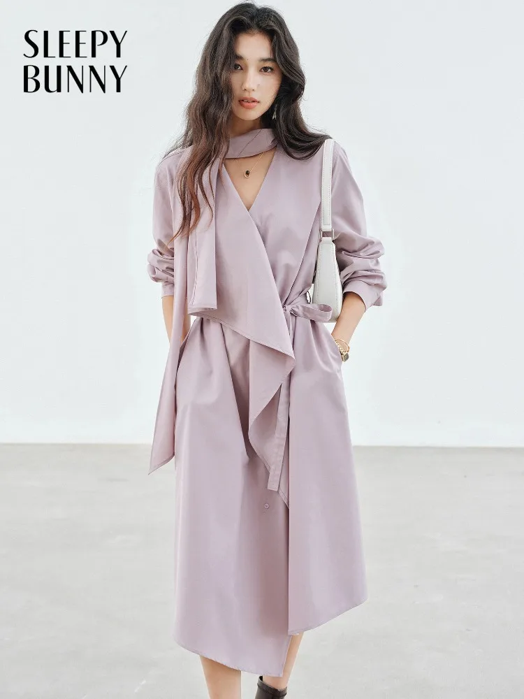 

Trench Dress Women Elegant Asymmetric Long Sleeve Dress Slim Fit Belted Midi Coat Dress for Autumn Fashion Office Sweet Outfit