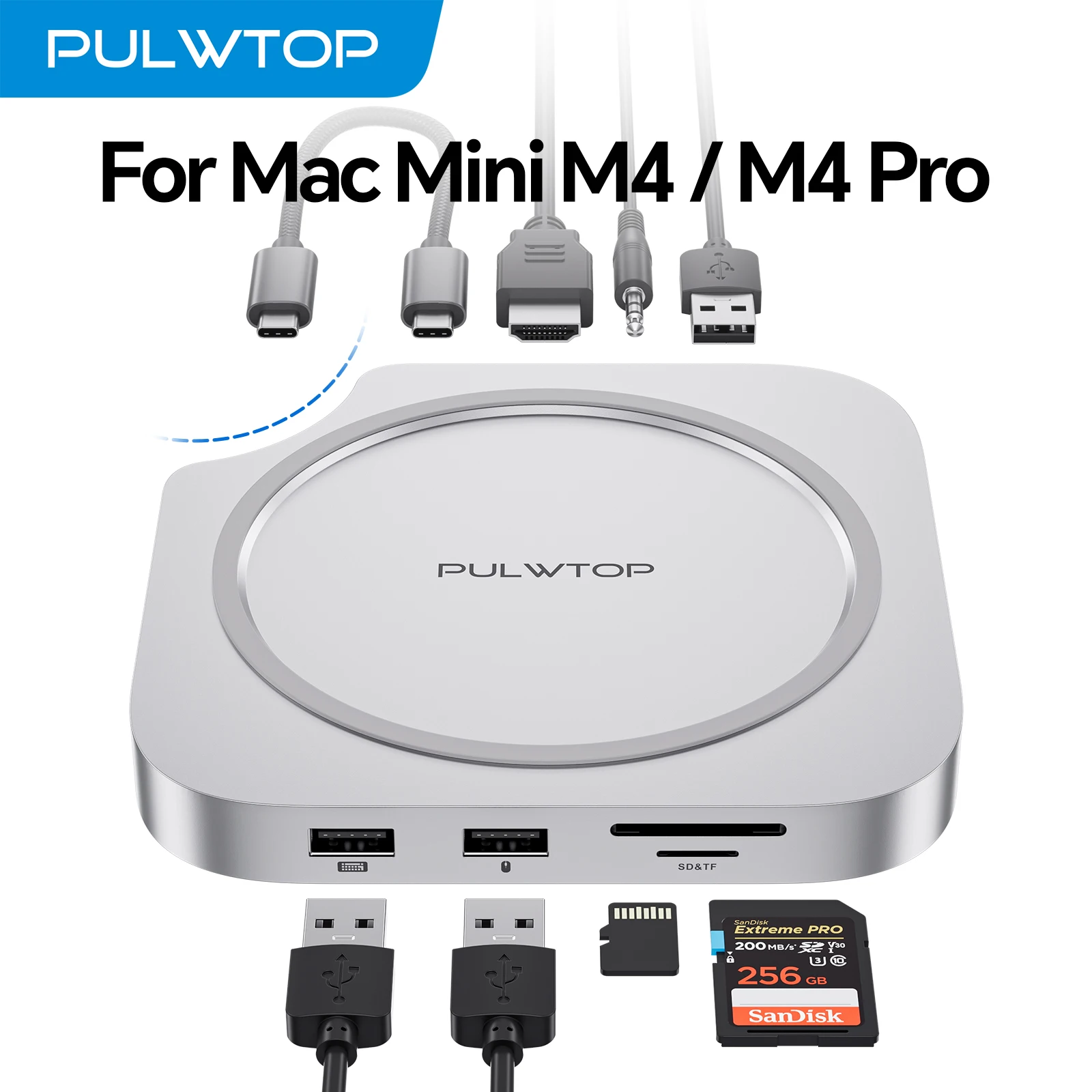 

Док-станция PULWTOP Mac Mini M4 с корпусом SSD 4 ТБ с HDMI 4K 60 Гц, 3 USB A 2.0, SD/TF, аудио/микрофоном, для Mac Mini M4/M4 Pro