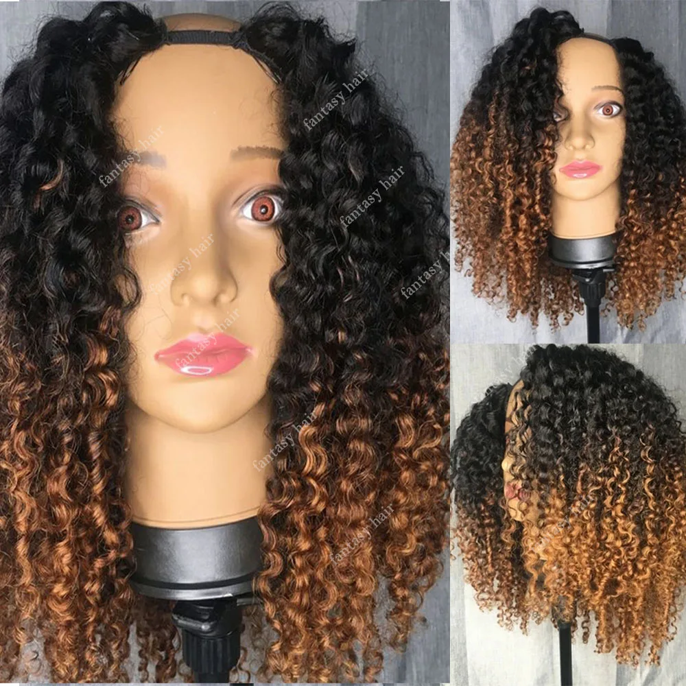 

200% Density Thick Full Density Remy Human Hair no lace u part Wigs Glueless black root ombre # 27 blonde Brown color for Women