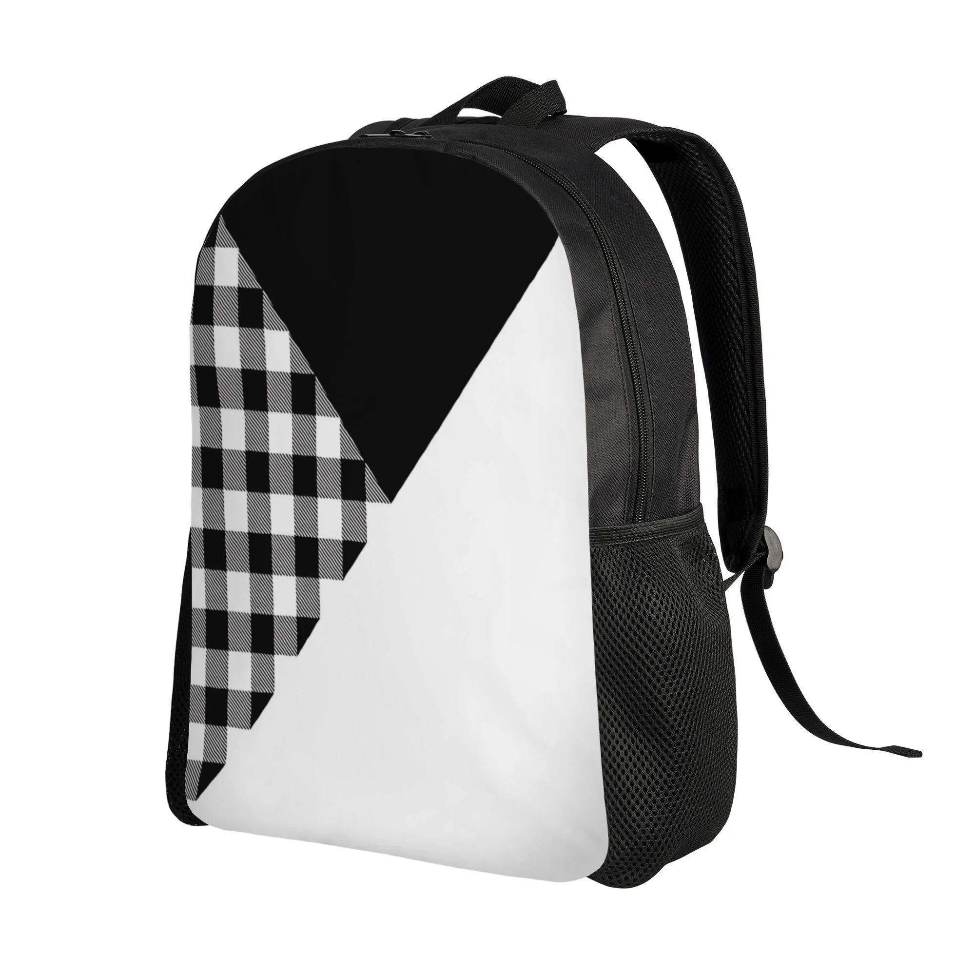 

1 large capacity backpack - black and white checked pattern bag with thickened shoulder straps, laptop compartment