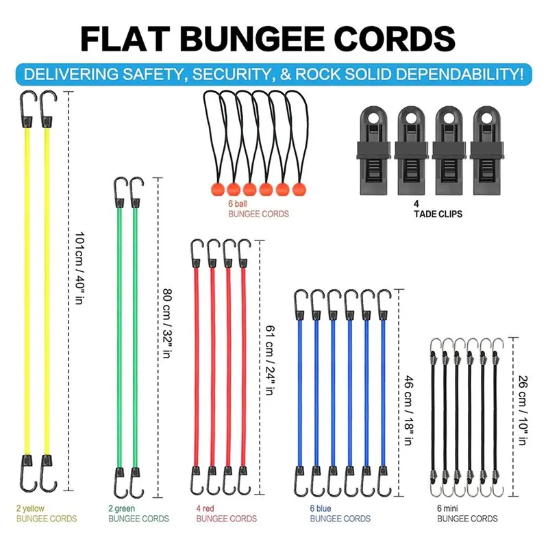 CHCH Camping Bungee Cords 30 Pieces Premium Assortment Jar Including Rope In Various Sizes, 4 Clips, 6 Bungees Rope With Ball Us
