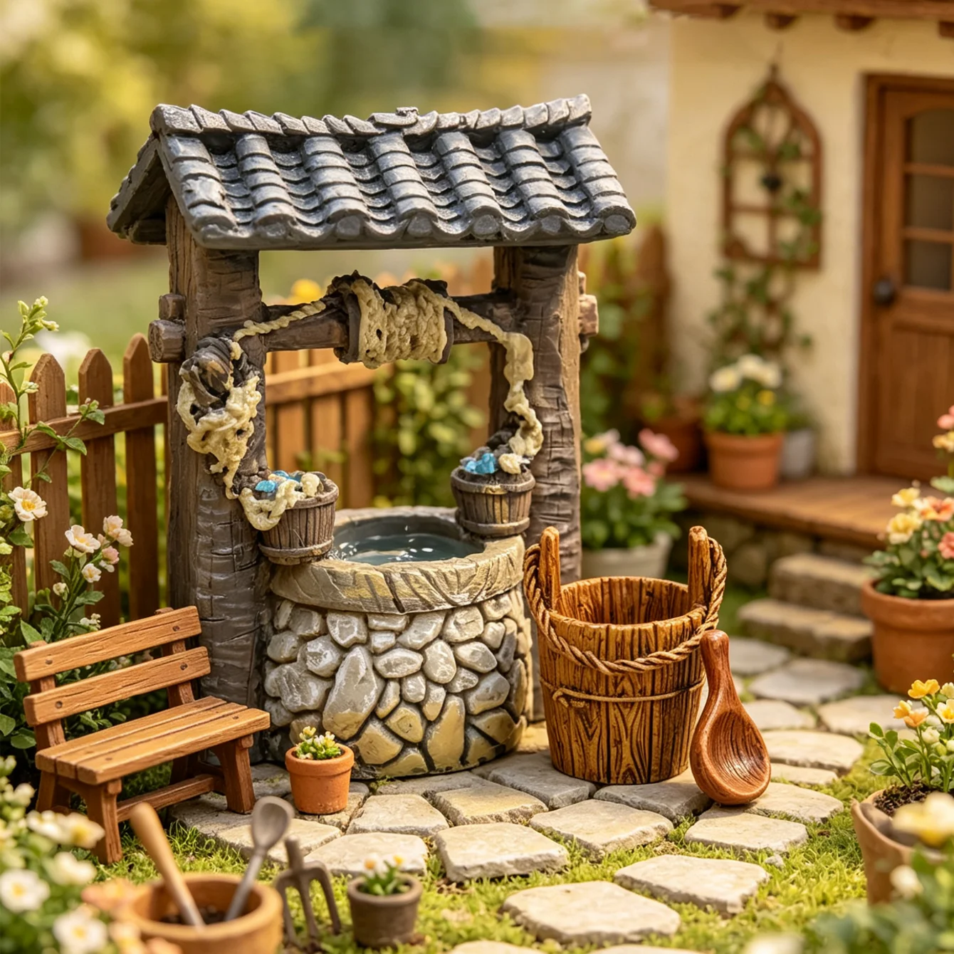 3-teiliges Vintage-Miniatur-Brunnen-Display-Set, Puppenhaus-Bauernhof-Brunnen- und Eimer-Set, Mikro-Landschaftsgarten-Dekorationszubehör – Detail 4