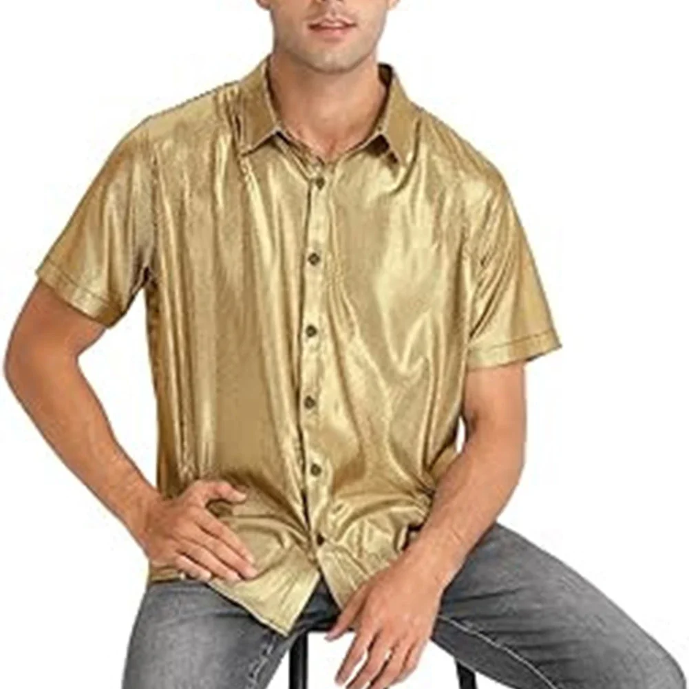 Camisa de hombre, camisa de manga corta, blusa de Color sólido, cárdigan con botones, camisa de fiesta Disco para hombre, ampliamente aplicable