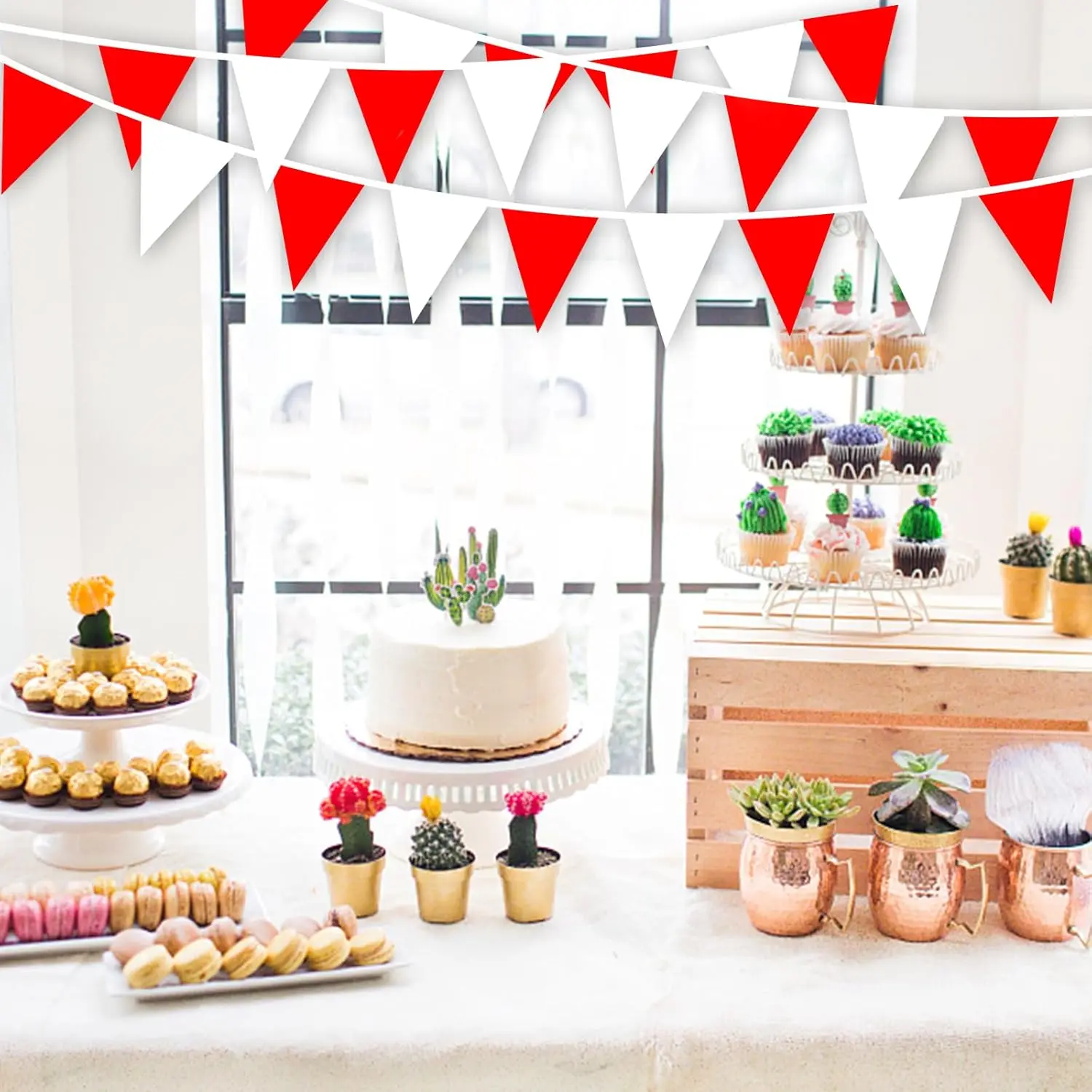 32,8 Fuß rote und weiße Wimpelbanner-Flaggen, Dreieck-Wimpelkette, Partydekorationen für Hochzeit, Zuhause, Outdoor, Garten – Detail 5