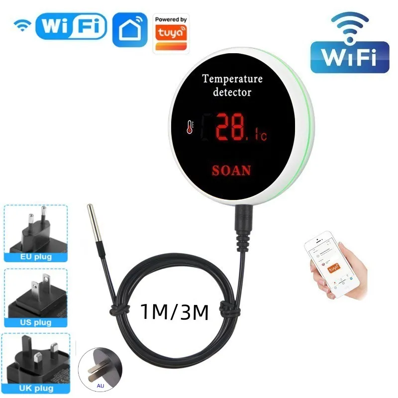 Czujnik temperatury Tuya WiFi 1M/3M sonda cyfrowy ekran LCD inteligentny termometr do życia do lodówki termostat do basenu z wodą zdalny alarm