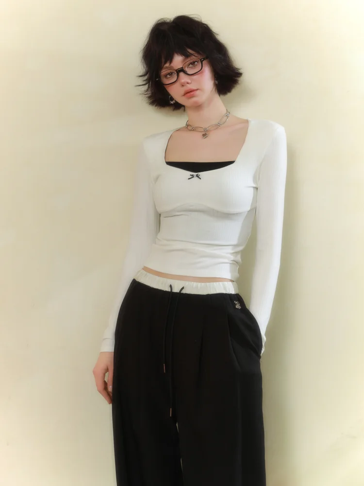 

LREEDOM Bla Long Sve T-irt Set Square Collar Two-Piece Women's Faion Commute Sle Slim Fit Cotton Blend T-irt