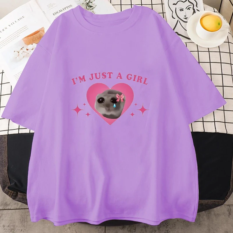 Sad Hamster Tee I'm Just A Girl Cartoon Printing T-shirt Casual Short Sleeve Summer Shirt Casual Oversized Loose Unisex T-Shirt