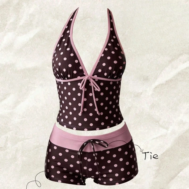 Women Swimwears Polka Dot 2-Piece Tankini Set Halter V Neck Front Tie Cami Top & Contrast Waistband Drawstring Swim Shorts