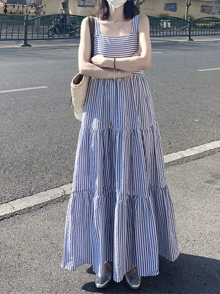 ZANZEA Fashion Summer Striped Maxi Holiday Dress Women Vintage Square Neck Sleeveless Long Sundress Robe Femme Beach Vestido