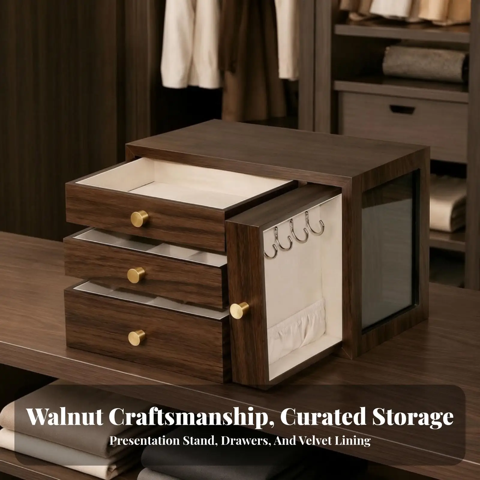 Luxury Walnut Finish Watch Case Jewelry Organizer Box with Pull Out Drawers and Necklace Hooks for Men Gift