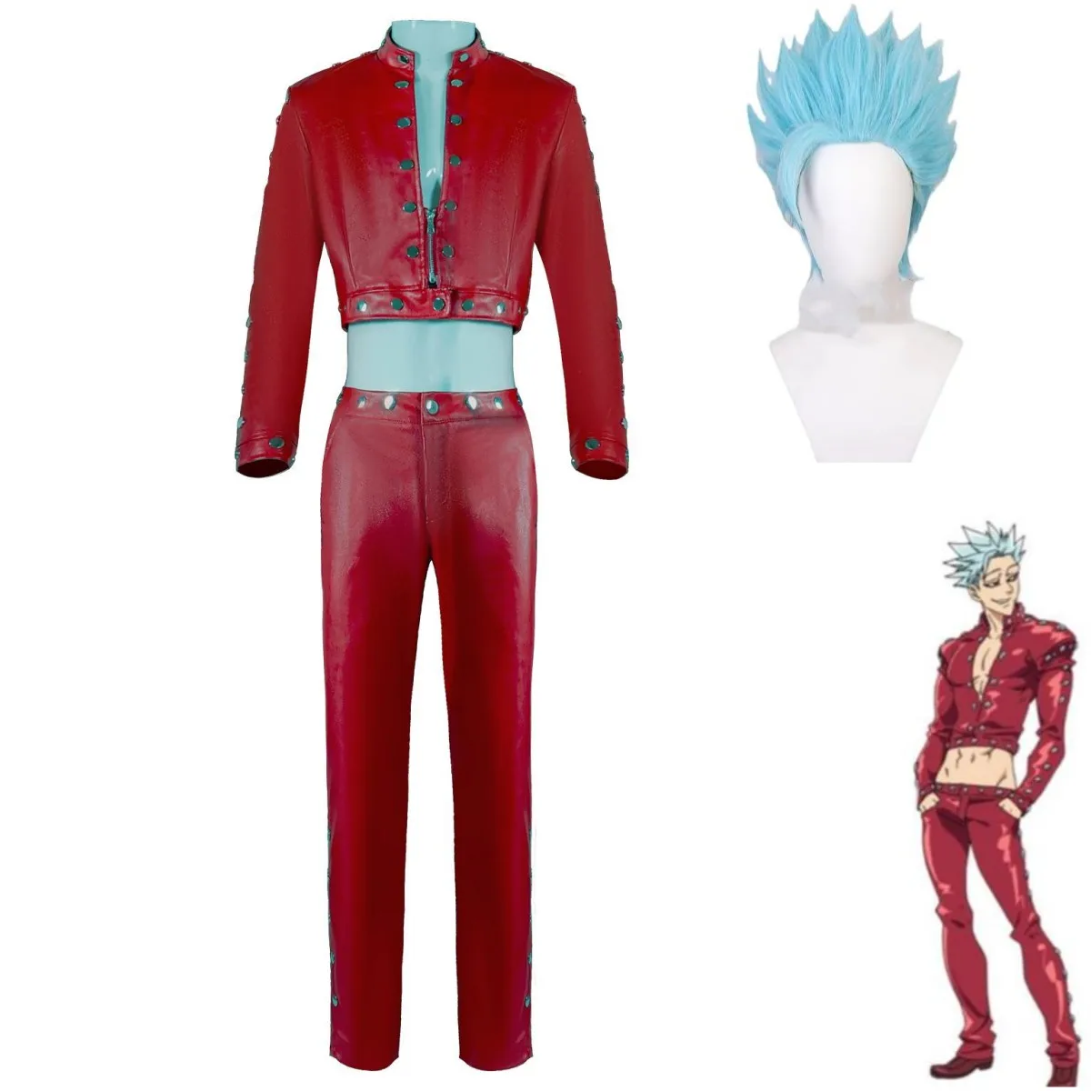 Anime The Seven Deadly Sins: Wrath of The Gods Ban Cosplay Costume Fox's Sin of Greed Wig Red PU Coat Uniform Man Halloween Suit