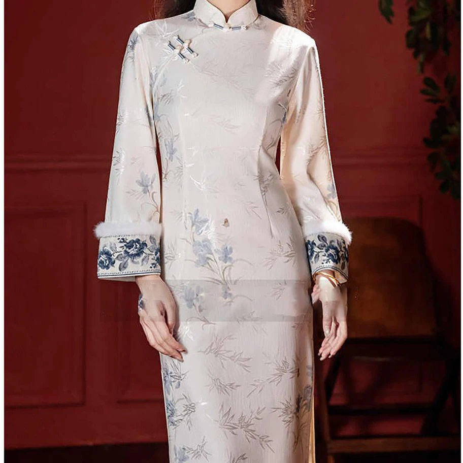 

Новое облегающее платье в китайском стиле на флисовой подкладке для молодых женщин с принтом, осенне-зимнее модное китайское традиционное национальное платье, Vestidos