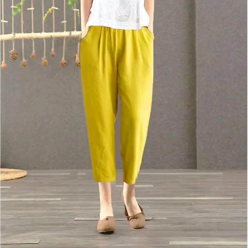 Pure Cotton Linen Harlan Casual Pants Printed Loose Nine Points Thin Mom Pants Large Size High Waist Korean Style Thin