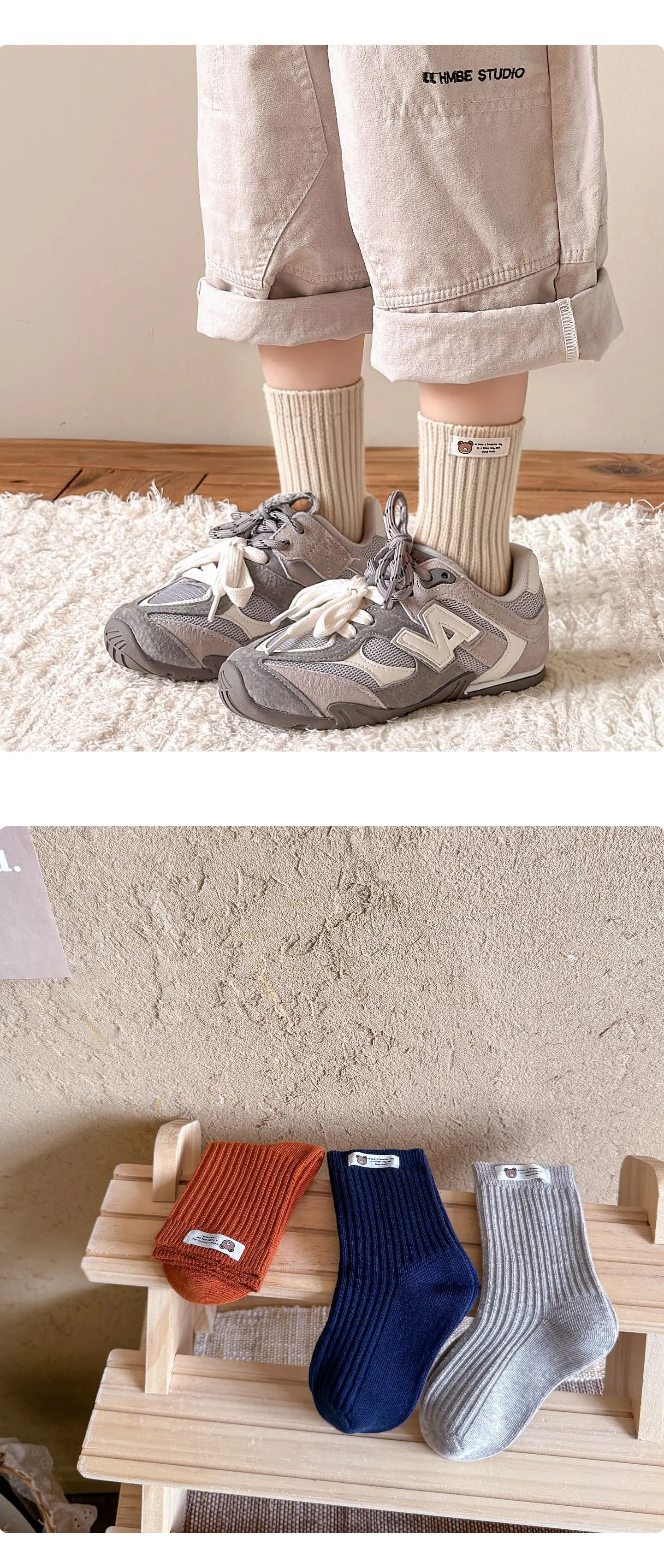 3 Paar Kindersocken mit niedlichem Bären-Stoffetikett, weiche, elastische Baumwollsocken, Unisex-Kleinkindsocken für Jungen und Mädchen – Detail 3