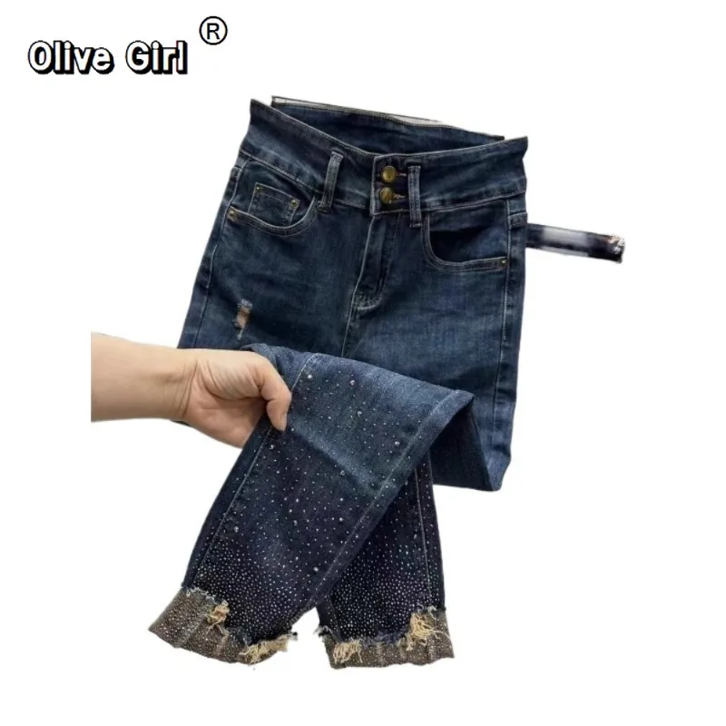 Olivegirl Denim Jeans Ladies Fashion Street Casual Denim Trousers High Waist Hole Hot Drilling Plus Size Pencil Pants