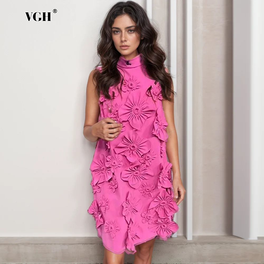 

VGH Elegant Patchwork Appliques Dresses For Women Round Neck Sleeveless High Wiast A Line Soild Casual Dress Female Fashion New