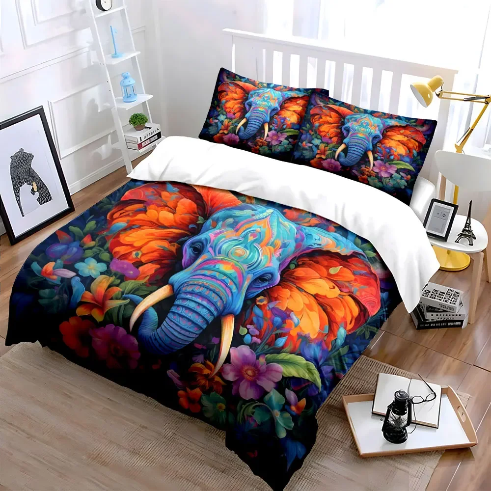 Colorful Elephant Floral Art Set Multiple sizes kid's and adults' bedroom Exquisite 3PC bedding set, gift