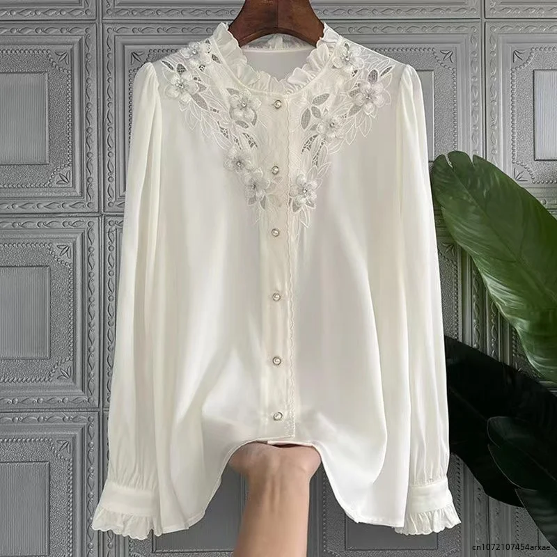 

Spring Fall Lapel Stars Rhinestone Satin Shirts Solid Color Faux Silk Diamonds Blouse Long Sleeve Turn Down Collar Blusas Mujer