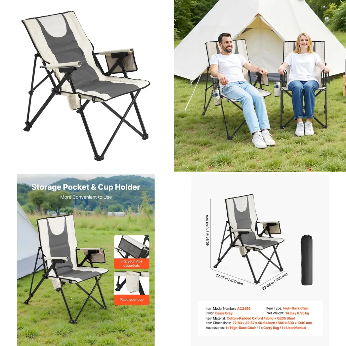 Folding Camping Chair, 3 Reclining Positions, Outdoor High Back Camping Chair, 260lbs Weight Capacity, Full Padded Beach Chairs