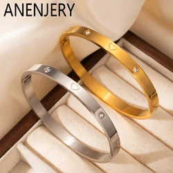 ANENJERY 316L Stainless Steel Smooth Inlaid Zircon Heart Bracelet for Women Men Simple Fashion Temperament Jewelry Gifts Daily