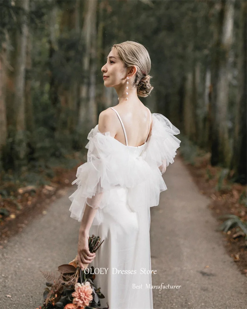 OLOEY Elegant Spaghetti Straps Silk Satin Korea Wedding Dresses Customised Puff Long Sleeves Bridal Gowns Garden Custom Made