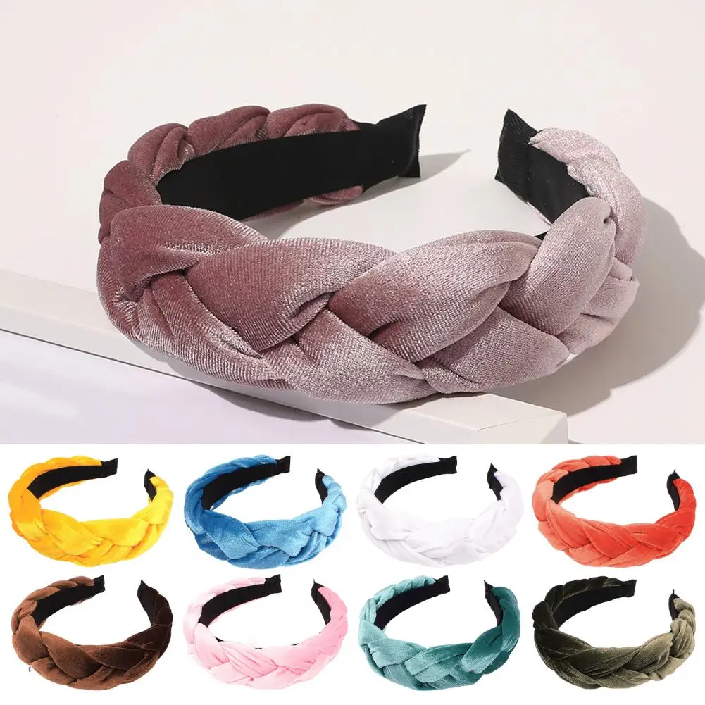 Fashion Women Hairband Braided Twist Elastic Elegant Lady Headband Solid Color Wide Heightened Velvet Hair Hoop Hair Accessories