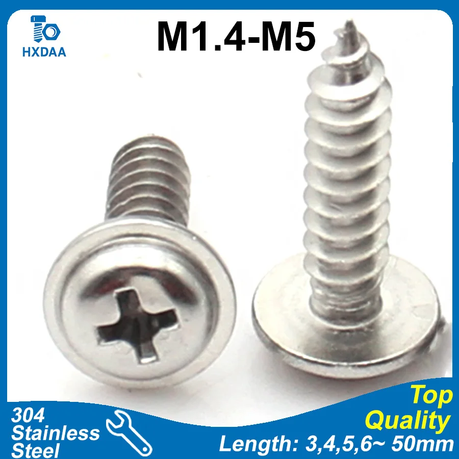 10-100pcs M1.4 M1.7 M2 M2.3 M2.6 M3 M4 M5 304 Stainless Steel Self-Tapping Flat Head Screw with Washer Phillips Tapping Threads
