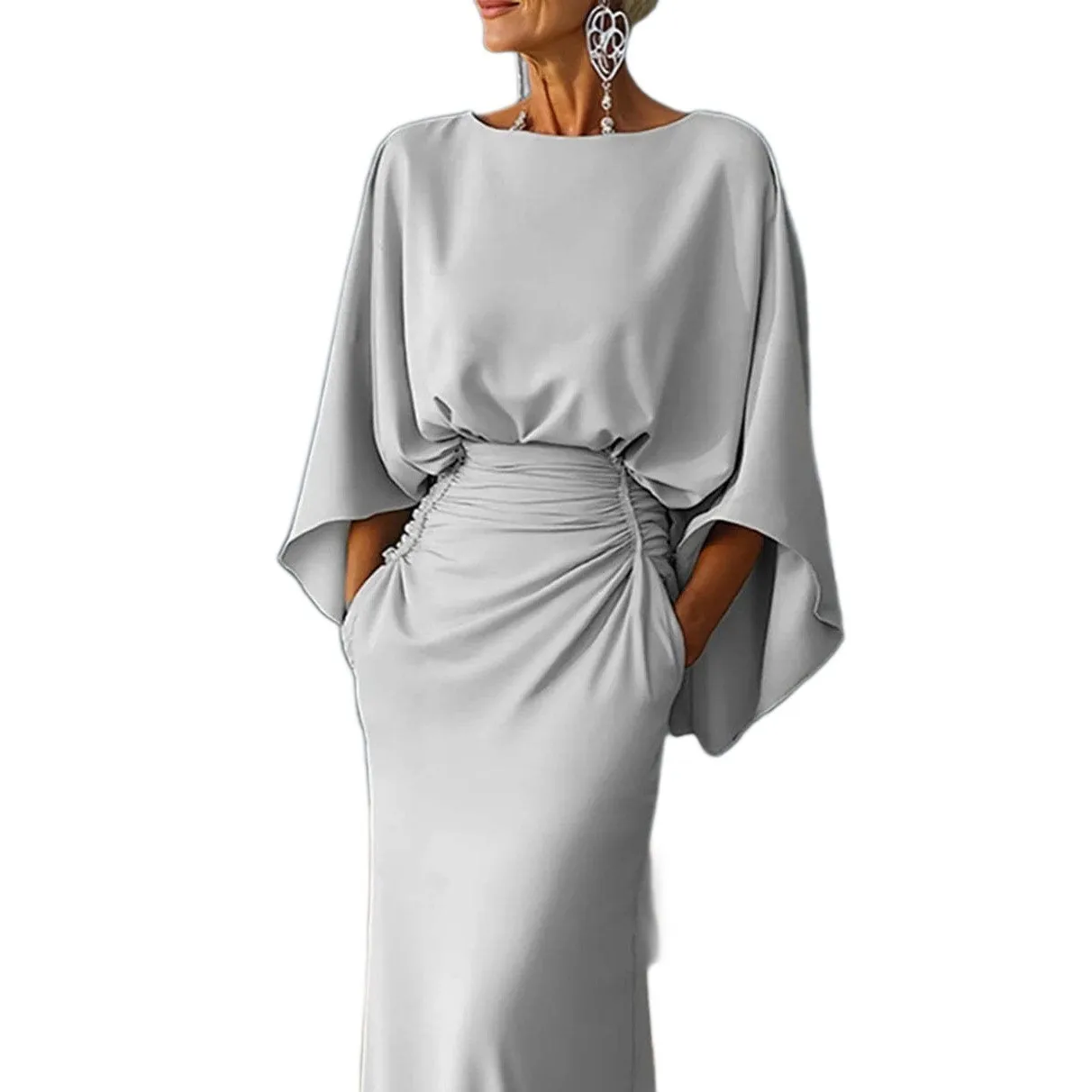 Slim Fit Pleated Dress Mermaid Cut Private Celebrity Style with Elegant Long Dress No Button Closure Round Neck Spring for Women