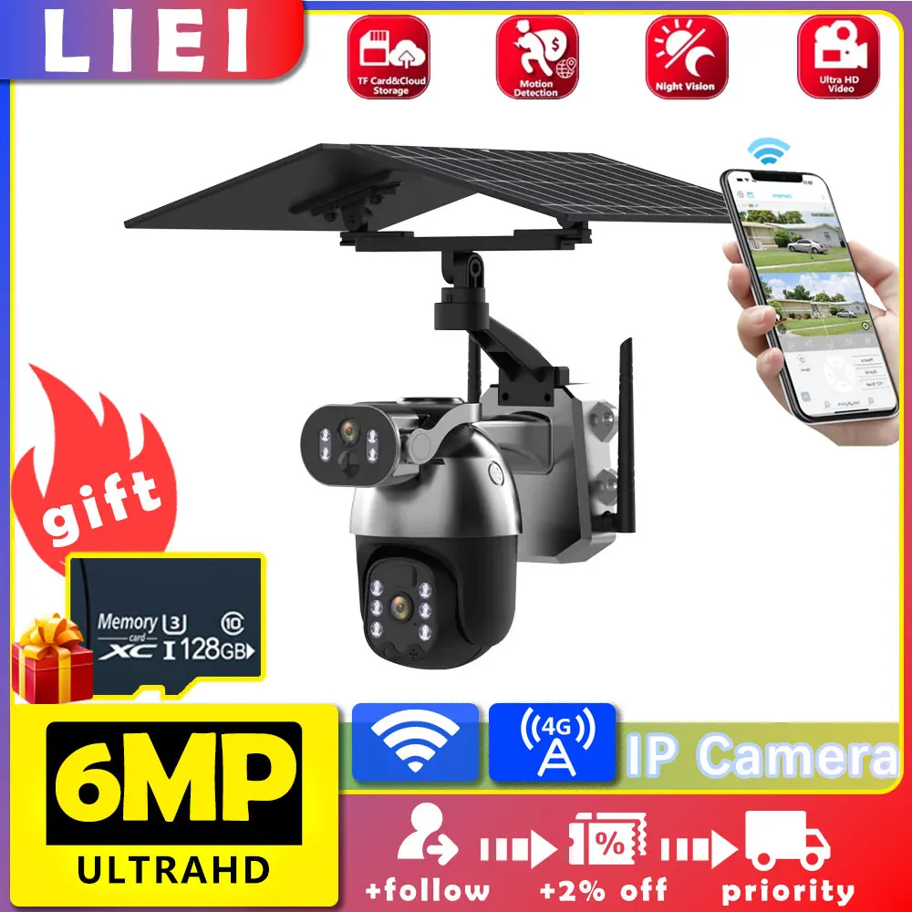 

LIEI 2 Solar Power 6MP UHD WIFI/4G PTZ IP Dome Camera 360 Dual Lens Full Color AI Humanoid Detection Security CCTV Baby Monitor