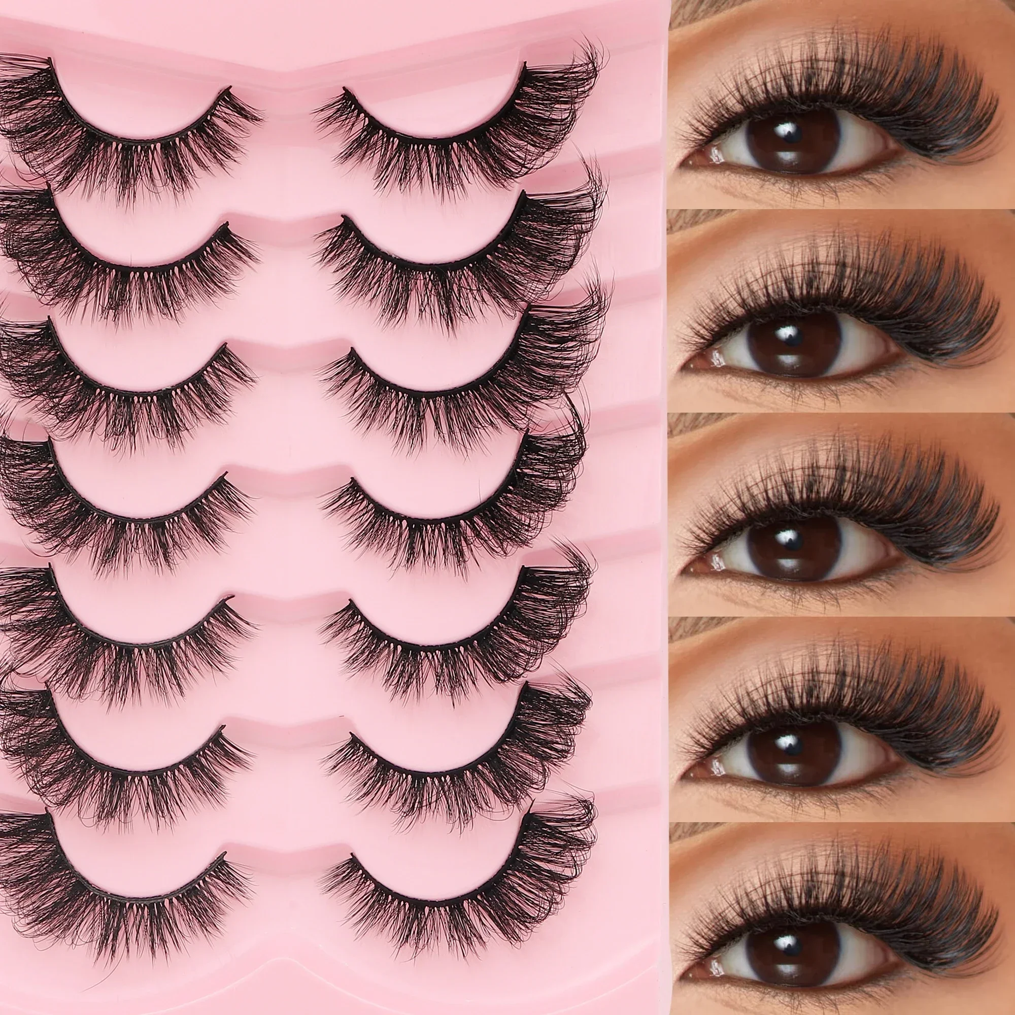 7 Pairs 5D Fluffy Wispy Cat Eye Lashes Fox Eye Winged False Eyelashes Faux Mink Soft Band Reusable Fake Lashes For Party Makeup