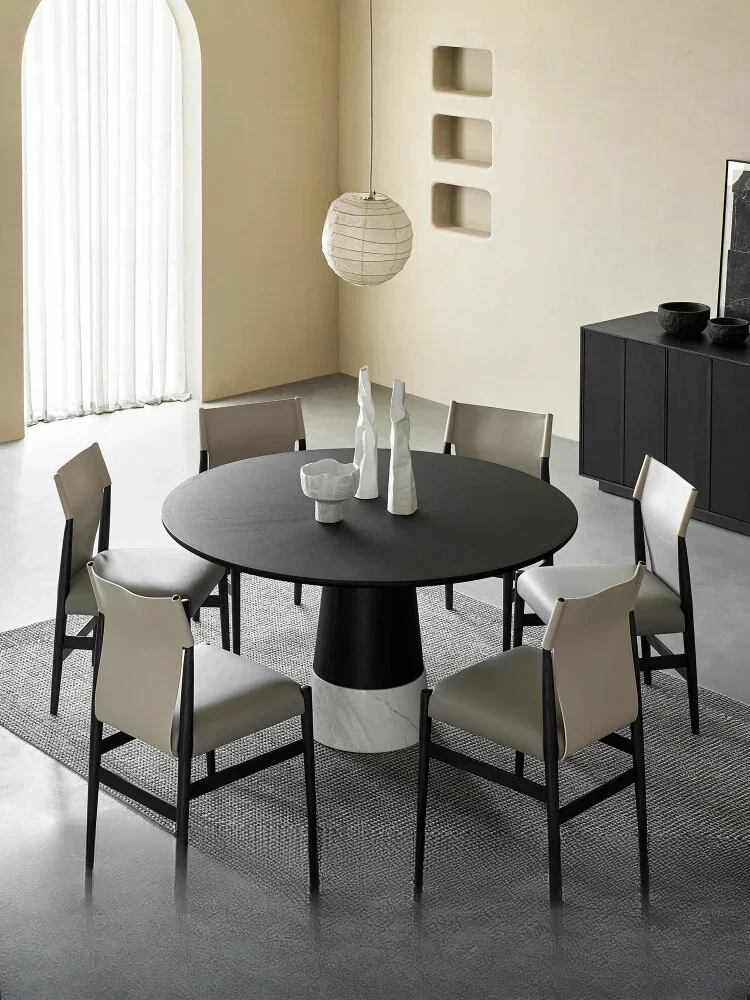 

American Style Oak Black Marble Solid Wood round Table Italian Minimalist Dining Table