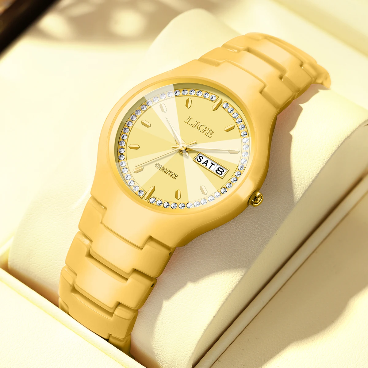 LIGE Luxury Golden Woman Watch Waterproof Fashion Quartz Ladies Wristwatch Date Week Full Ceramic Women's Watches Relojs+Box