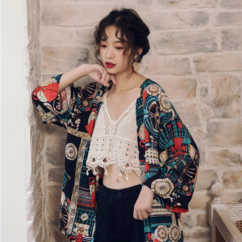 Retro Chinese Style Versatile Loose Improved Kimono Cardigan Haori Summer Air-Conditioning Shirt Beach Sun Protection Clothing C