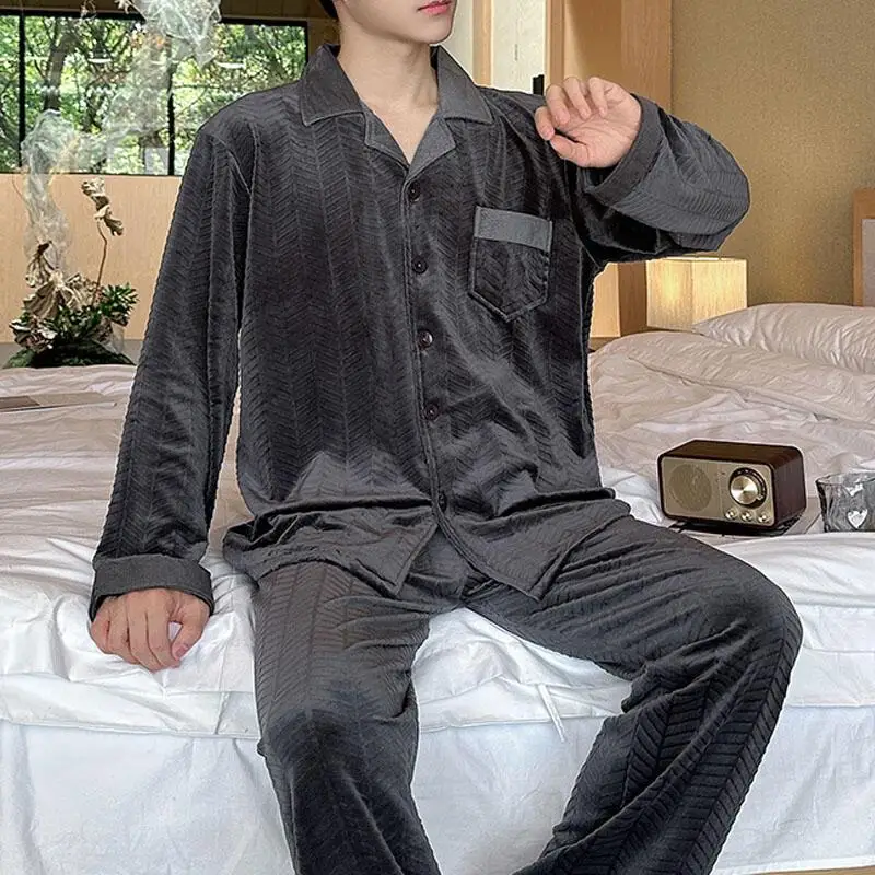 

Plus Size 3XL Men's Sleepwear Pajamas Set Island Velvet Stripe 2PCS Shirt&Pant Pijamas Suit Autumn Winter Velour Homewear Pyjama