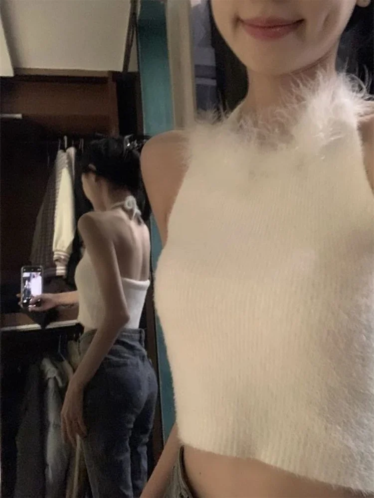 Feather Sexy Y2k Crop Top Hanging Neck Vest Tank Top Women Slim Summer T-shirt Streetwear Korean Fashion New