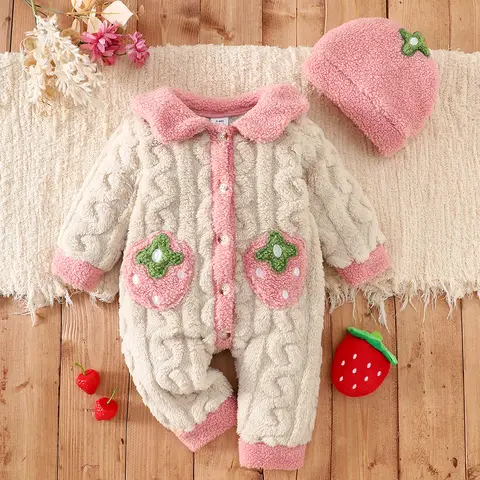 Baby Thick Double-Sided Fleece Doll Collar Romper Set Sweet 3D Strawberry Pocket Cable Knit Romper + Matching Warm Hat Soft and Warm for Winter Outings