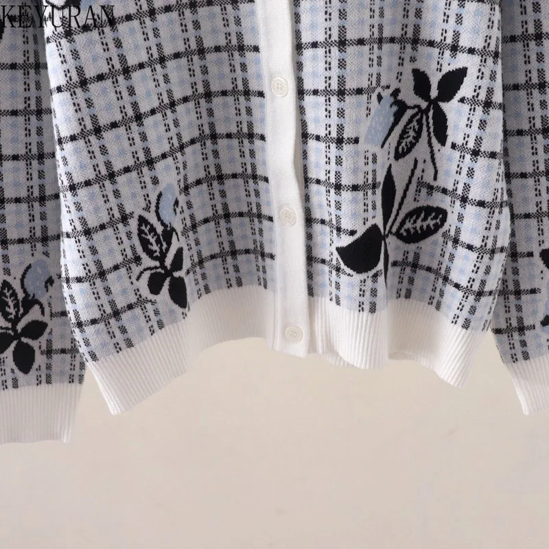 Sweter damski z dzianiny w kratę i kwiaty, elegancki, modny, z okrągłym dekoltem, długi rękaw, dzianinowe topy, kurtki, płaszcze, swetry damskie, 2025