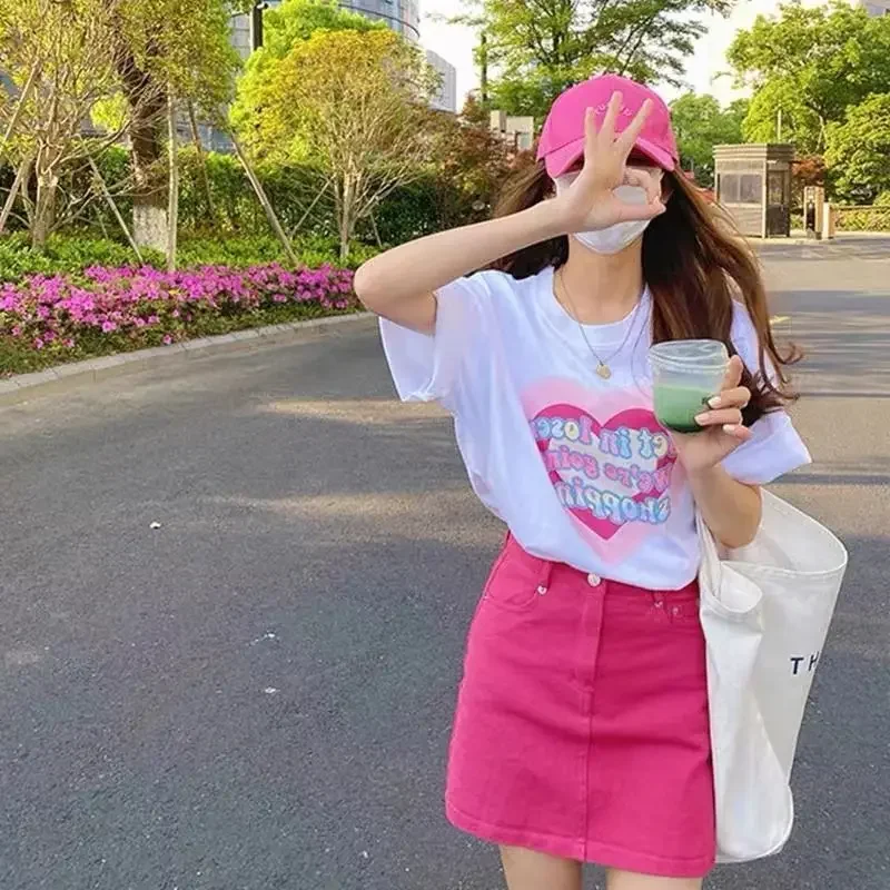 Summer New Can Salt Can Sweet Playful Spicy Girl Wear Printed T-shirt + Rose Red Denim Skirt Two-piece Suit