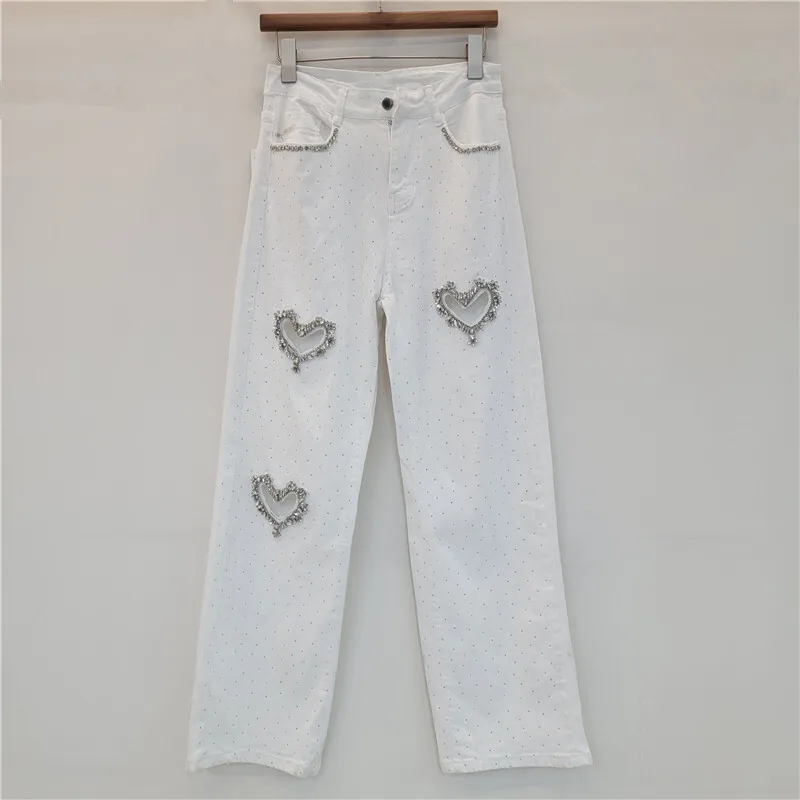 ANJY 2025 Autumn Winter New Women European Hollow Out Studded Diamonds Straight Jeans Stretch Slim Fit Casual Denim Pants A16128